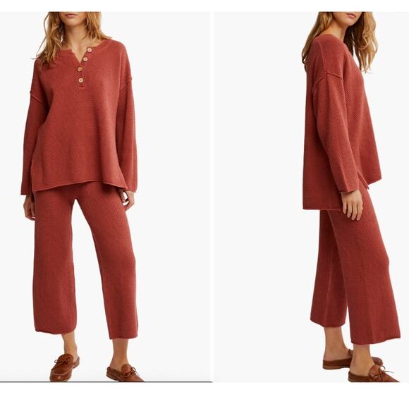 Free People beach Hailee Sweater Pants Set Outfit Waffle Knit Red Comfy Xsmall - Picture 1 of 3